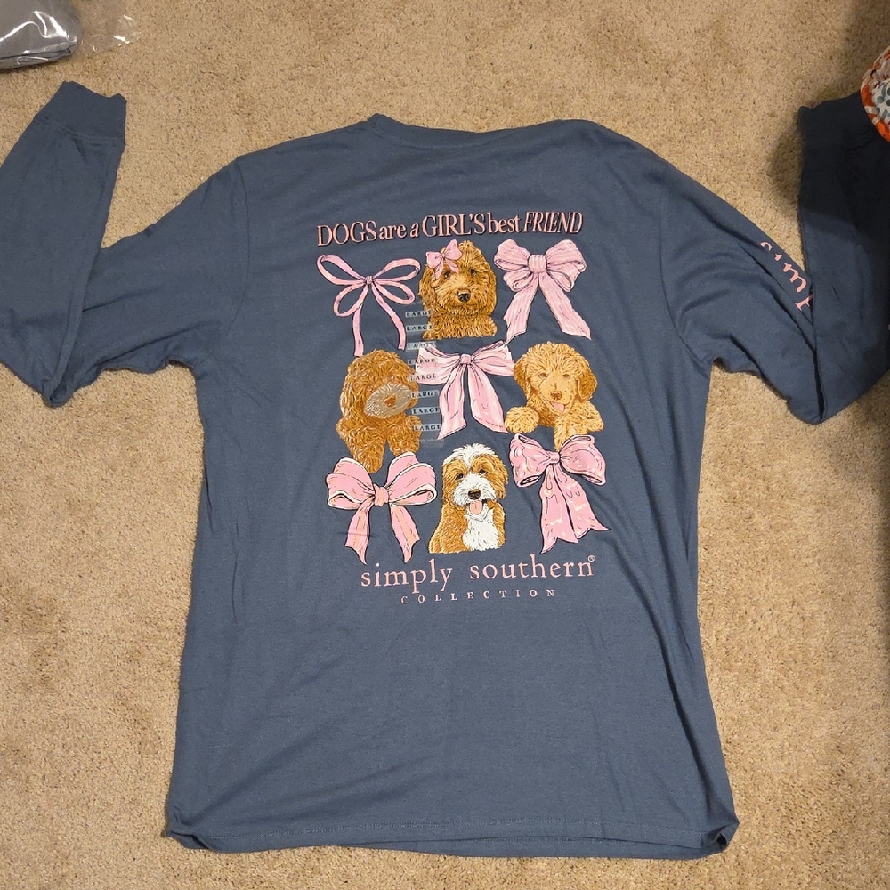 Simply Southern Blue Tee with Dog and Pink Bows